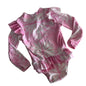Cotton On Age 0 long sleeve one-piece swimsuit in pink and white with tie-dye spiral print with ruffle trim — gently loved condition.