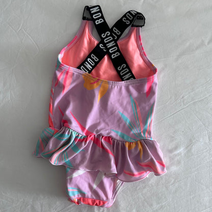 Bonds Age 0 one-piece swimsuit with frill skirt in lilac, pink, coral, mint, orange, white with tropical floral print, ruffle/frill at waist — gently loved condition.