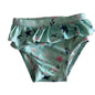 Target Age 0 swim nappy in mint green, navy, pink with ocean/sea life print (starfish, shells, seaweed) with front frill detail — gently loved condition.