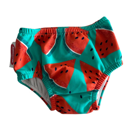 Huggies Age 0 reusable swim nappy in teal, red, white with watermelon slices print — new condition.