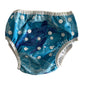 Waladi Age 00 reusable swim nappy in teal, white, navy blue with sea turtle print with mandala/zentangle detail, bubble spots, snap button closures — gently loved condition.