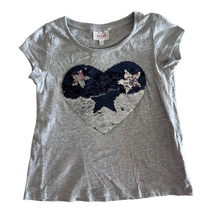 Seed Heritage Age 6 short sleeve t-shirt in grey with reversible sequin heart with navy and silver/rose gold sequins, star detail — gently loved condition.