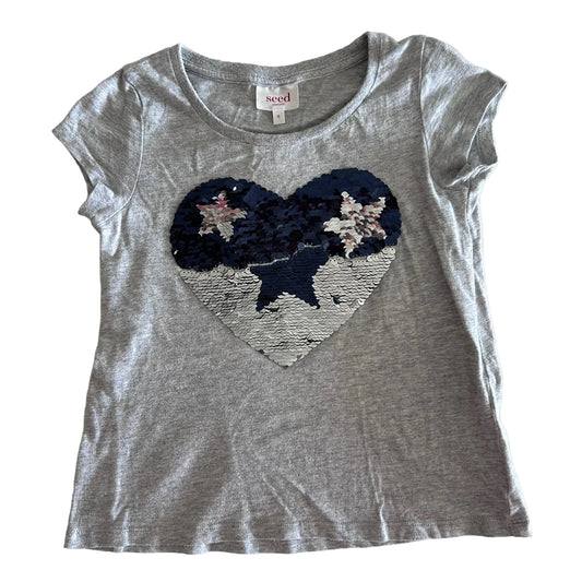 Seed Heritage Age 6 short sleeve t-shirt in grey with reversible sequin heart with navy and silver/rose gold sequins, star detail — gently loved condition.
