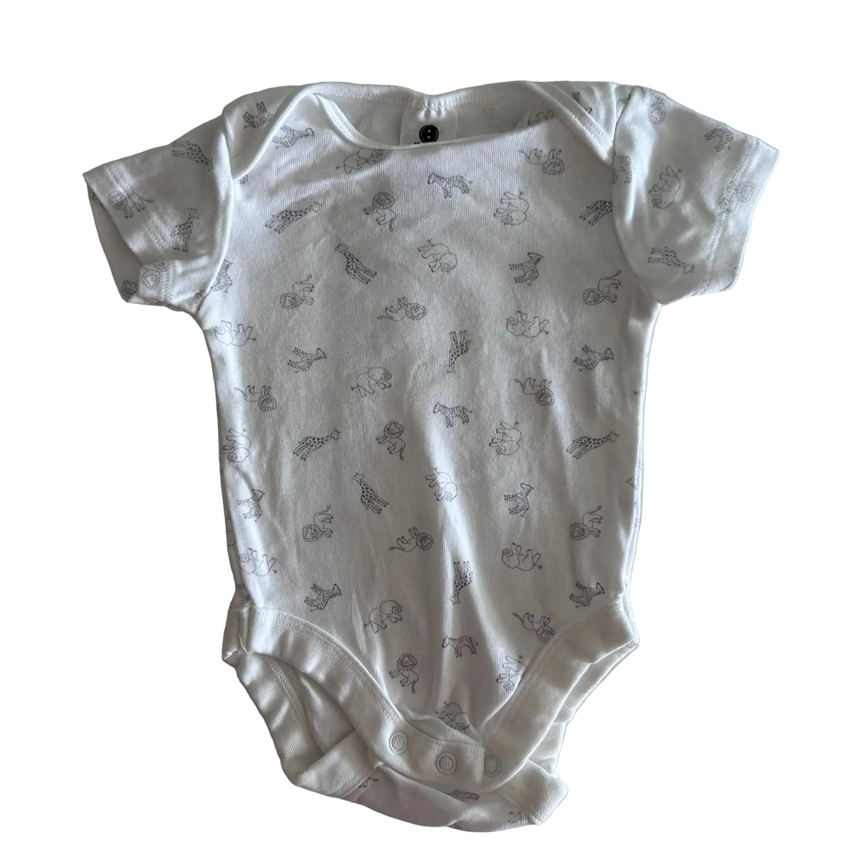 Dymples Age 00 short sleeve bodysuit in white with all-over grey safari animal print (giraffes, elephants, zebras, lions) — gently loved condition.