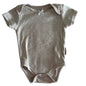 Lila & Jack Age 00 short sleeve bodysuit in oat/beige marl with scallop/picot trim on neckline and sleeves, small satin bow at neckline — well loved condition.