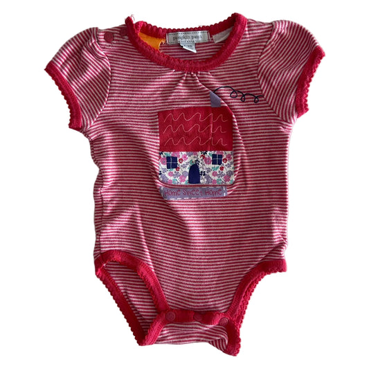 Pumpkin Patch Age 00 short sleeve bodysuit in red and white with horizontal stripes with embroidered and appliqué house motif reading 'home sweet home', floral fabric detail, decorative lace/picot trim on sleeves and leg openings — gently loved condition.