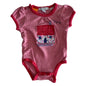 Pumpkin Patch Age 00 short sleeve bodysuit in red and white with horizontal stripes with embroidered and appliqué house motif reading 'home sweet home', floral fabric detail, decorative lace/picot trim on sleeves and leg openings — gently loved condition.