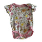 Baby Berry Age 0 short sleeve bodysuit in white, pink with floral and bumblebee print with pink trim — gently loved condition.