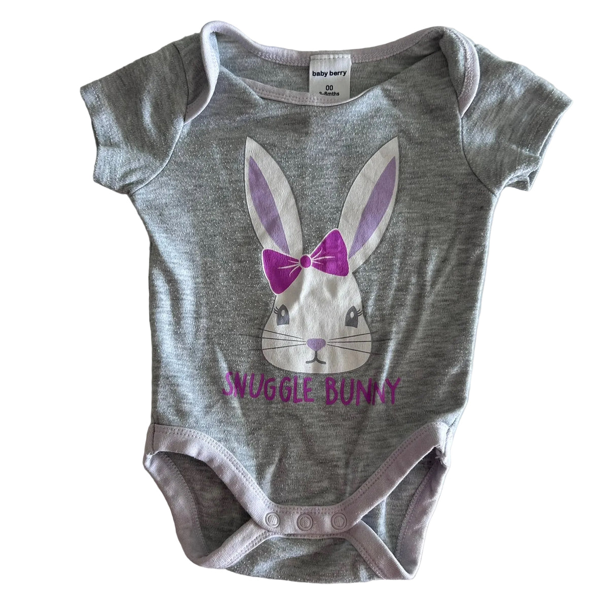 Baby Berry Age 00 short sleeve bodysuit in grey, lilac, white, purple with bunny face graphic with bow and 'snuggle bunny' text print — gently loved condition.