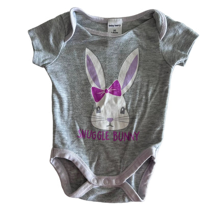 Baby Berry Age 00 short sleeve bodysuit in grey, lilac, white, purple with bunny face graphic with bow and 'snuggle bunny' text print — gently loved condition.