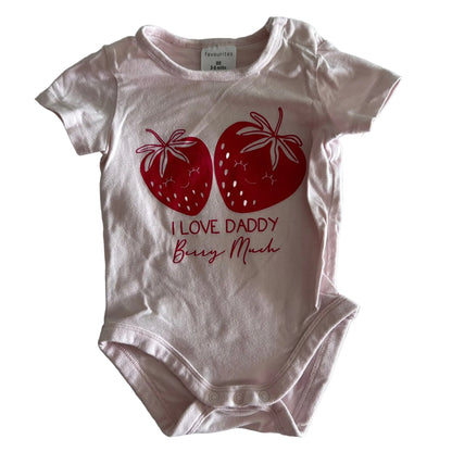Favourites Age 00 short sleeve bodysuit/onesie in light pink with red print with two strawberry graphics with 'i love daddy berry much' text — gently loved condition.