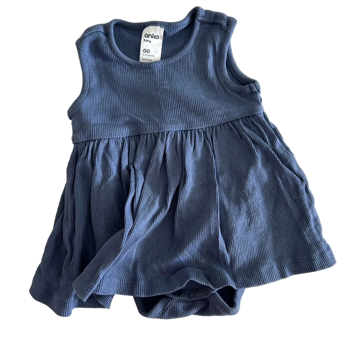 Anko Age 00 sleeveless dress romper (skirt overlay bodysuit) in steel blue with ribbed texture, gathered skirt — gently loved condition.
