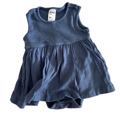 Anko Age 00 sleeveless dress romper (skirt overlay bodysuit) in steel blue with ribbed texture, gathered skirt — gently loved condition.
