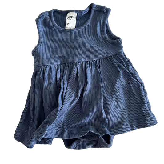 Anko Age 00 sleeveless dress romper (skirt overlay bodysuit) in steel blue with ribbed texture, gathered skirt — gently loved condition.