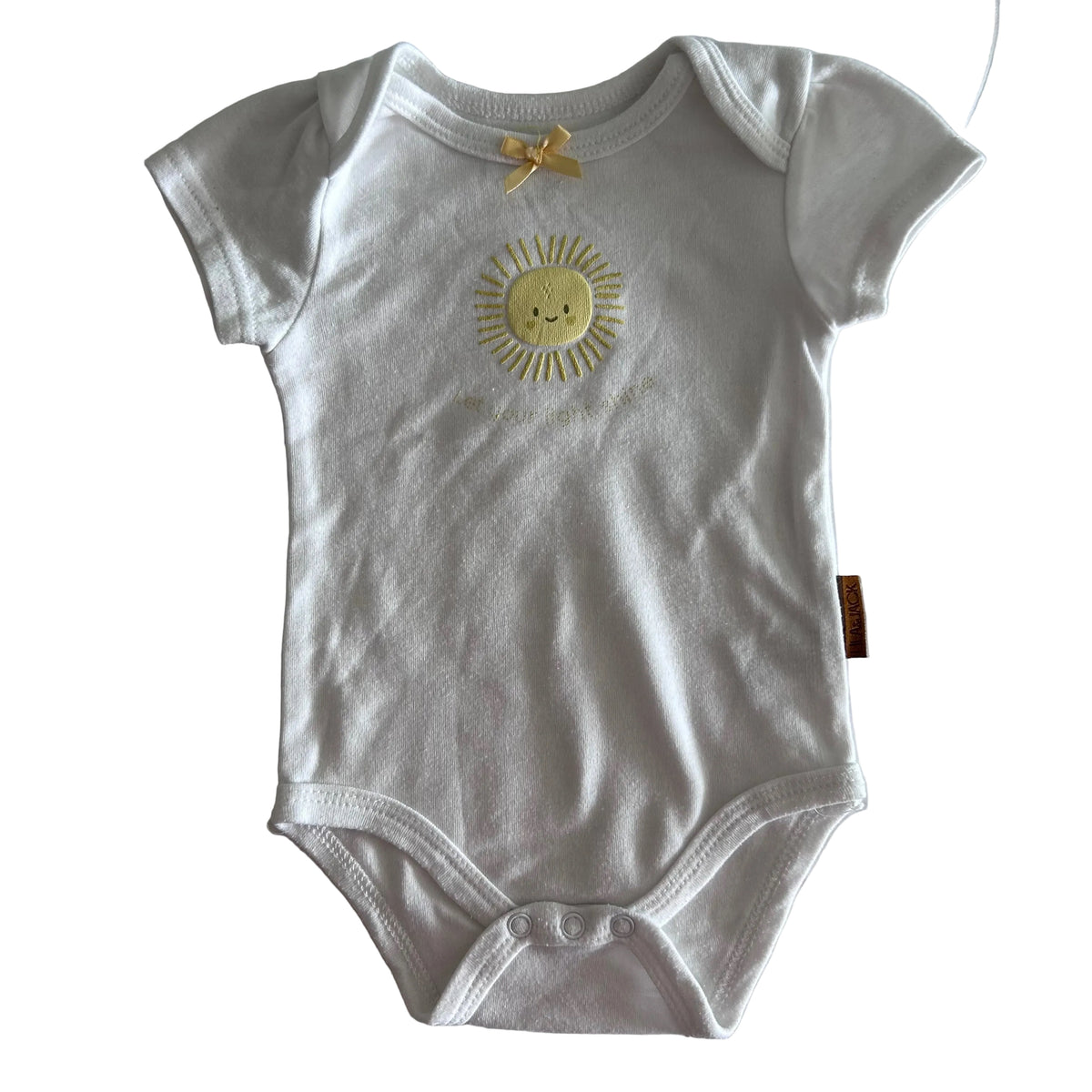 Lila & Jack Age 00 short sleeve bodysuit in white, yellow with embroidered smiling sun with rays, small yellow satin bow at neckline, script text below sun — gently loved condition.