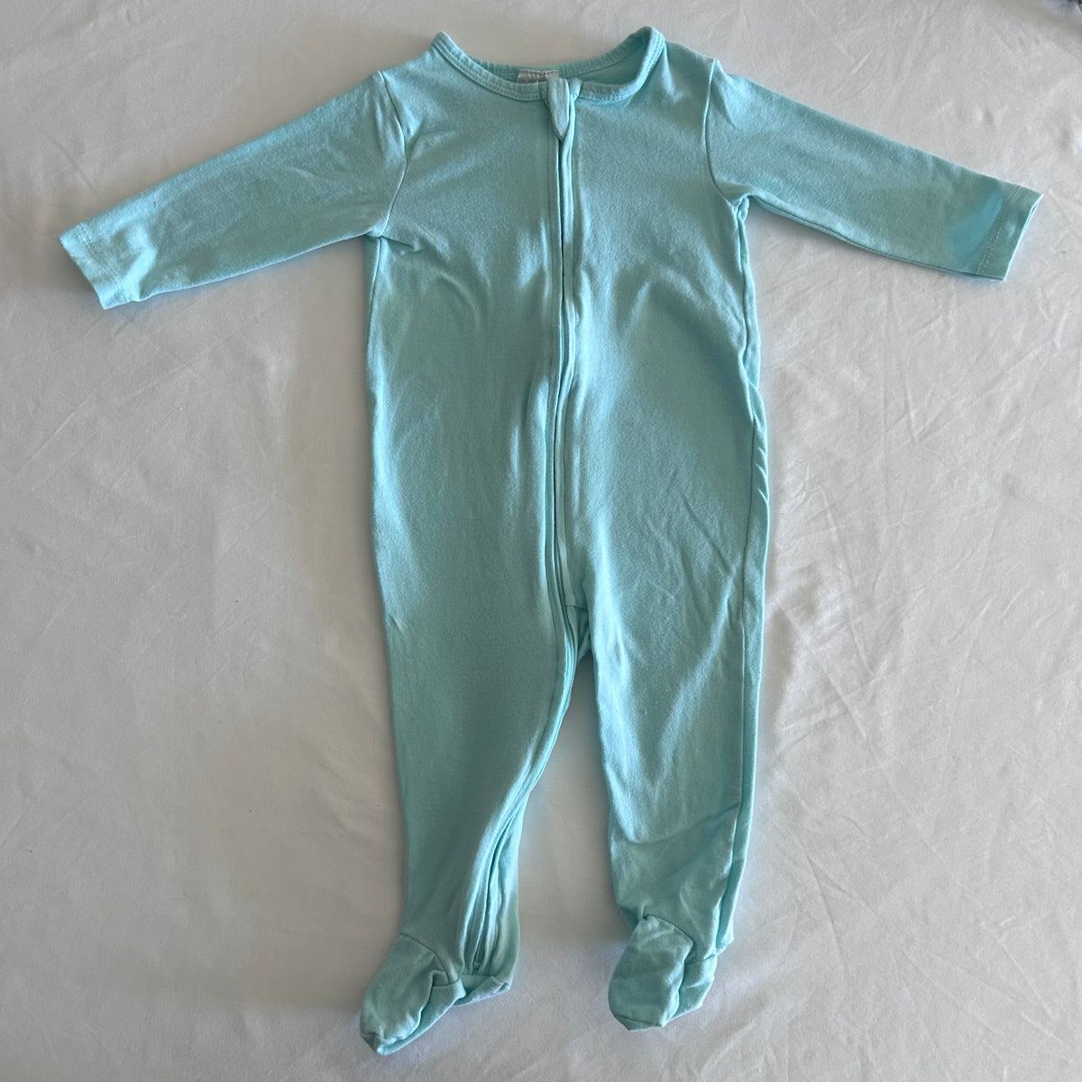 Dymples Age 00 long sleeve zip footed onesie in pale blue / mint green with plain â€” gently loved condition.