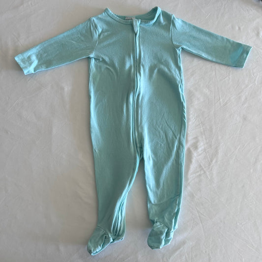 Dymples Age 00 long sleeve zip footed onesie in pale blue / mint green with plain â€” gently loved condition.