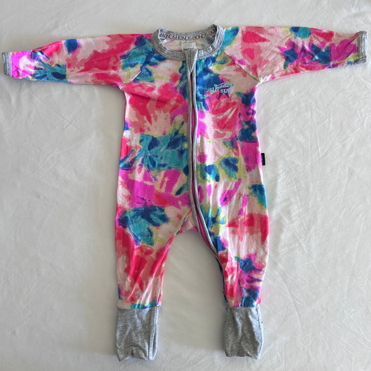 Bonds Age 00 long sleeved zip-up onesie (wondersuit) in pink, teal, blue, yellow, white, grey with tie-dye abstract floral print with grey trim â€” like new condition.