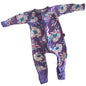 Bonds Age 00 long sleeve zip-up footed wondersuit / sleepsuit in purple, white, pink, teal with large floral print with flowers and leaves â€” like new condition.