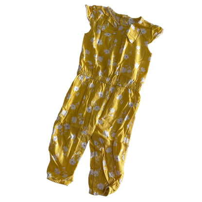 Carter's Age 2 sleeveless ruffle romper with long pants in yellow, white with floral print — gently loved condition.