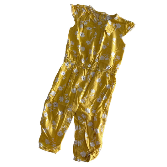 Carter's Age 2 sleeveless ruffle romper with long pants in yellow, white with floral print — gently loved condition.