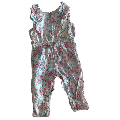 Purebaby Age 1 sleeveless jumpsuit in white, pink, teal, navy with floral print with ruffled trim and pom-pom lace edging — gently loved condition.