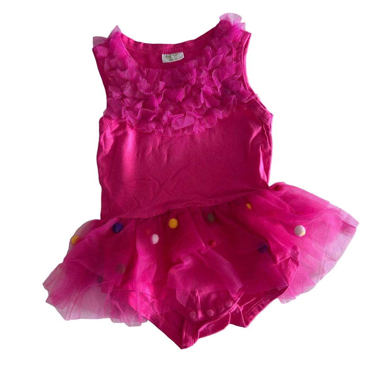 Auggie Age 2 sleeveless tutu romper in hot pink with tulle skirt with multicoloured pom poms, ruffled chest detail — gently loved condition.