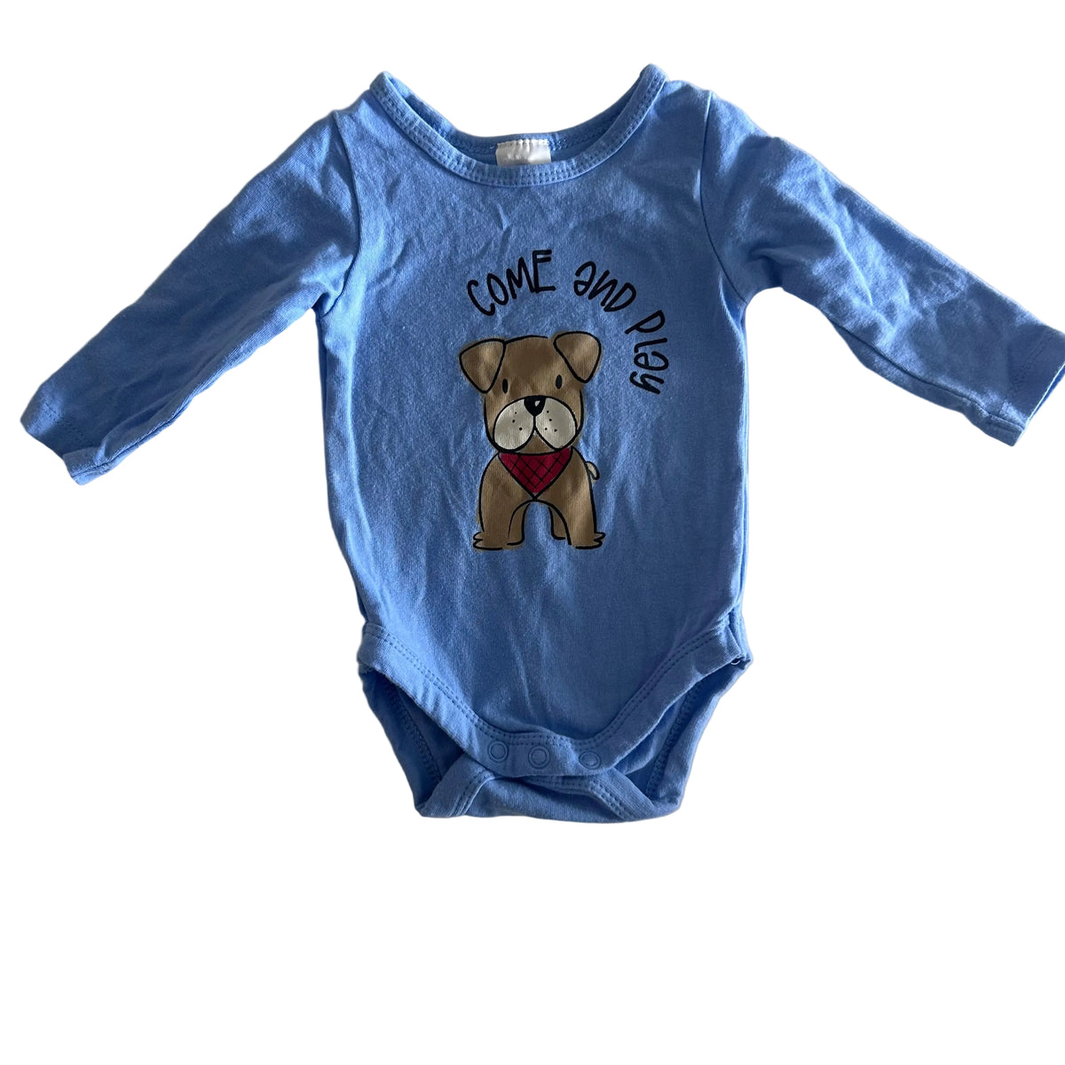 Dymples Age 000 long sleeved bodysuit onesie in light blue with cartoon bulldog with red bandana graphic, 'come and play' text print — gently loved condition.