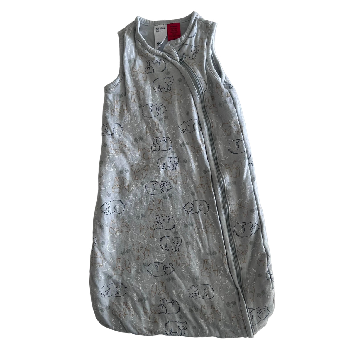 Anko Age 000 sleeveless zip-up sleep sack / sleeping bag in light grey with allover woodland animals print (rabbits, foxes, bears, wombats) — gently loved condition.