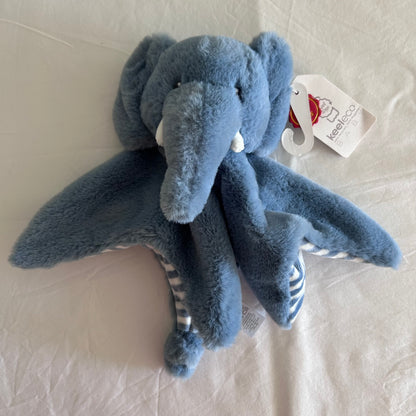 Blue elephant comforter, soft, striped underside on plain pale background
