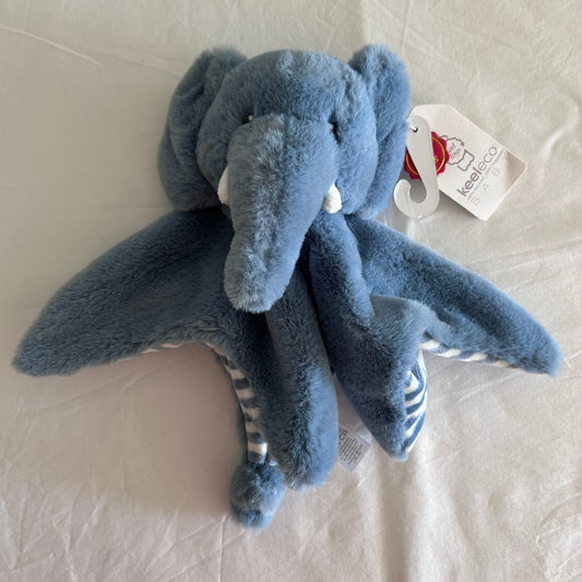 Blue elephant comforter, soft, striped underside on plain pale background