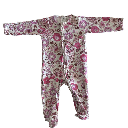 Target Age 00 long sleeve zip footed sleepsuit in white, pink, mauve, dark brown with floral and paisley print â€” well loved condition.